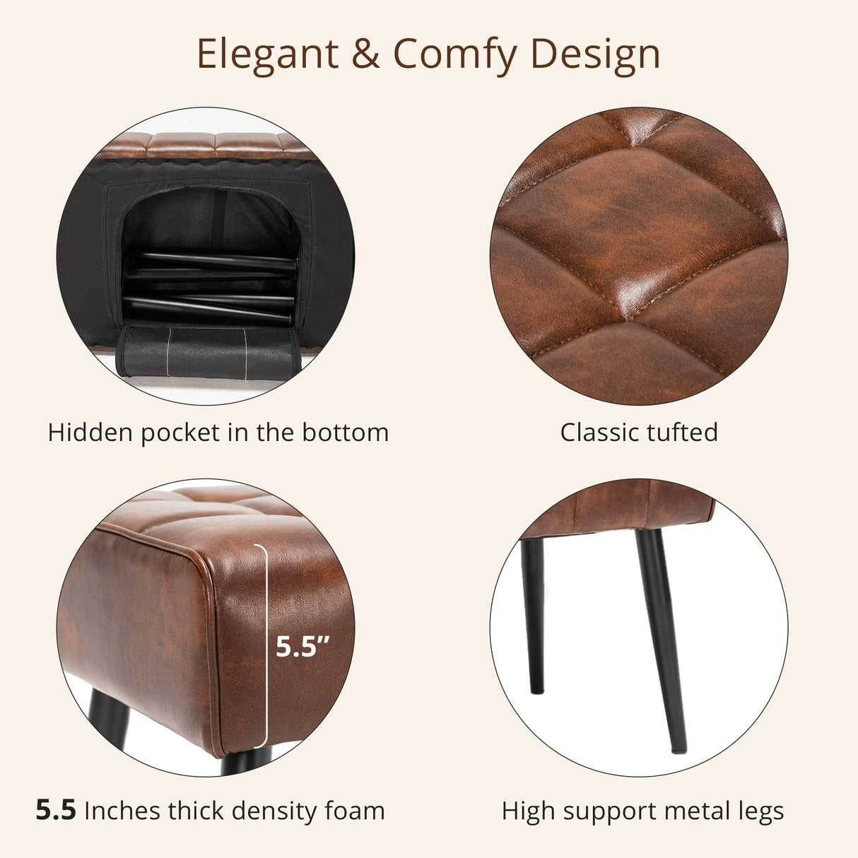 LUE BONA Entryway Bench, 44.5'' Leather Upholstered Bedroom Benches, End of Bed Bench with Metal Legs, for Decorative, Living Room, Dining Room, Red Brown LUE BONA