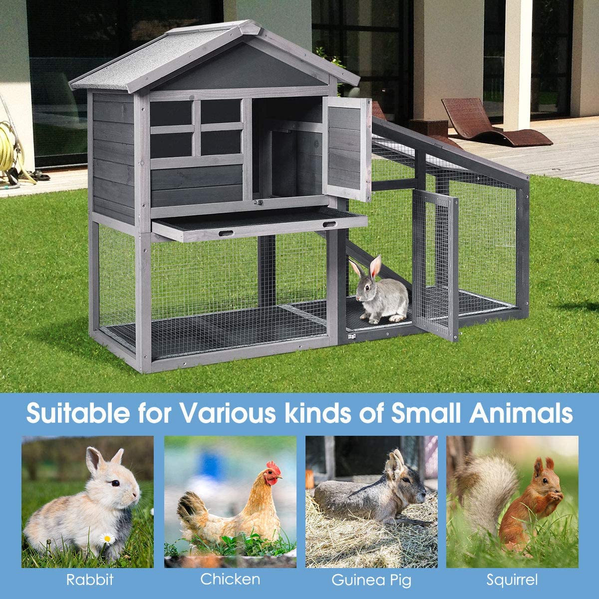 Tangkula Rabbit Hutch Indoor Outdoor, Wooden Chicken Coop, Bunny Hutch with Run, Ventilation Door, Removable Tray, Ramp, Sunlight Panel, Backyard Garden Animals Pet Cage (Gray) Tangkula