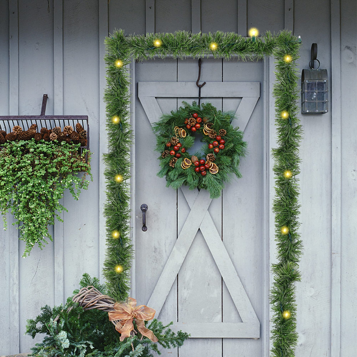 Biswing 15FT Pre-lit Christmas Green Garland Upgrade, Lighted Artificial Pine Garlands with 35 Count Clear Lights, Connectable & Light Up for Indoor Outdoor Home Winter Holiday New Year Decorations Biswing