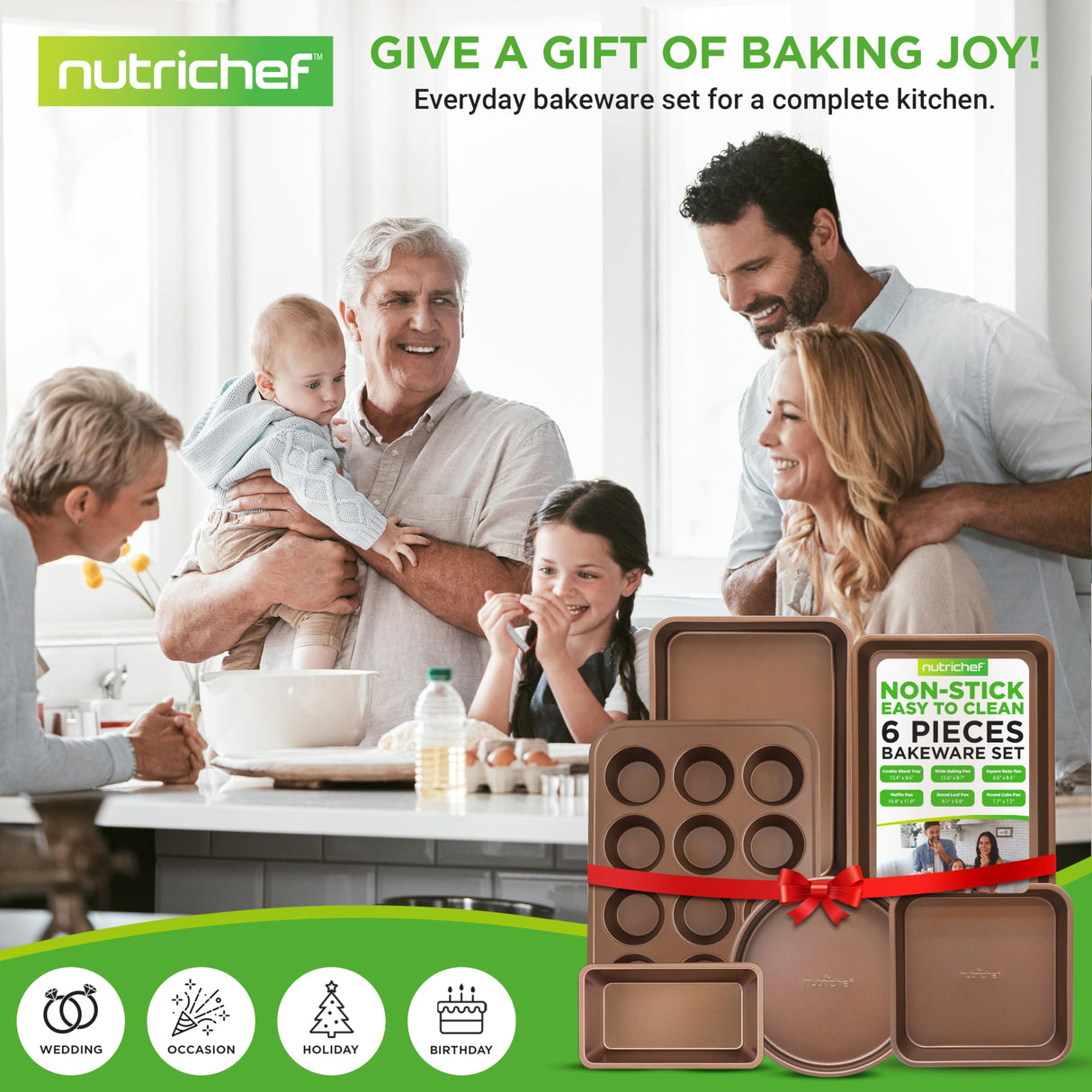 NutriChef 6-Piece Nonstick Bakeware Set, Carbon Steel Baking Pans, Includes Cookie Trays, Wide & Square Bake Pan, Bread Loaf & Round Cake Pan, Muffin Pan - Gold NutriChef