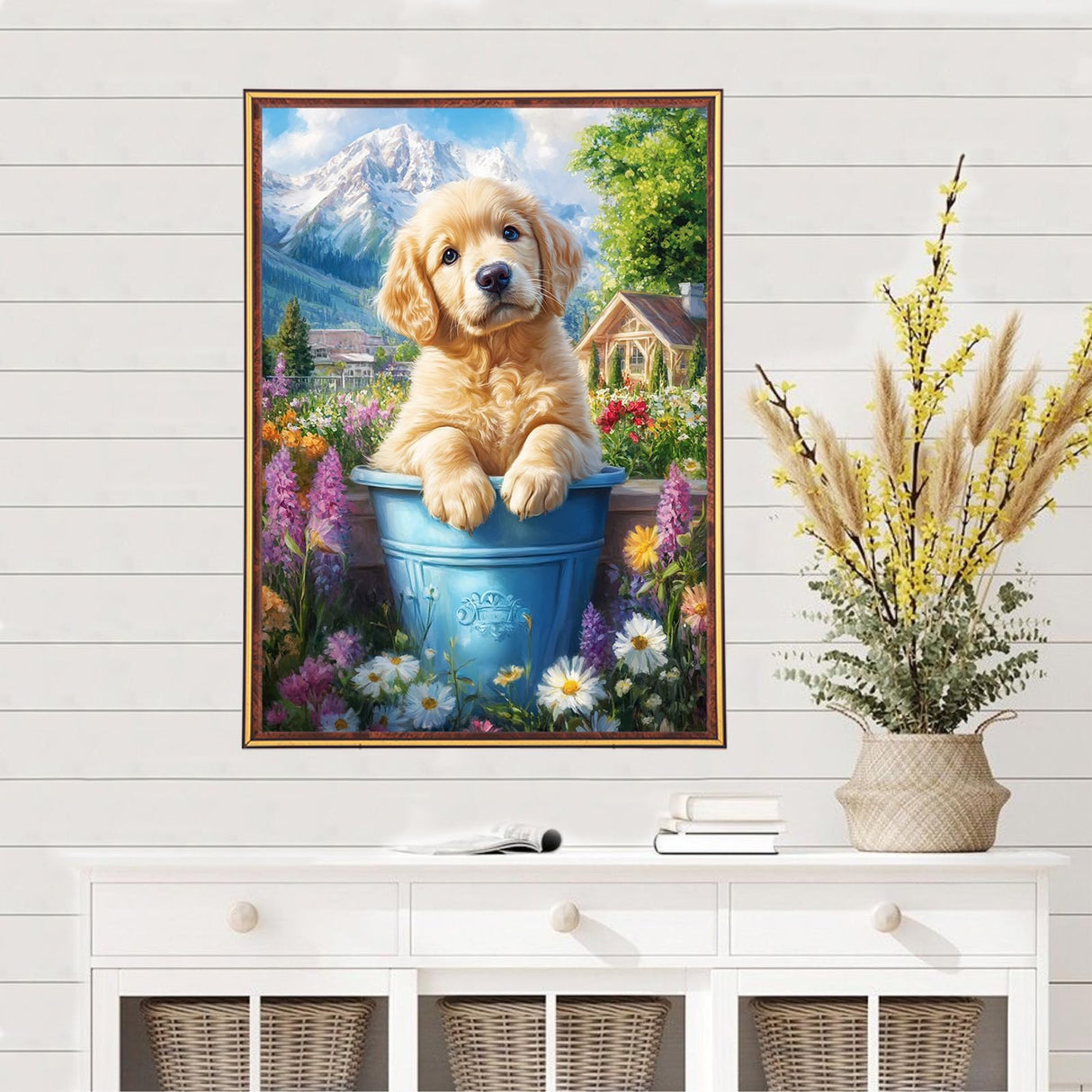 MEIYUDA Dog Diamond Painting Kits for Adults, DIY Flowers Cute Dog Diamond Art Kits for Adult Beginners, 5D Landscape Round Full Drill Gem Art Crafts for Home Wall Decor Present 12x16inch MEIYUDA