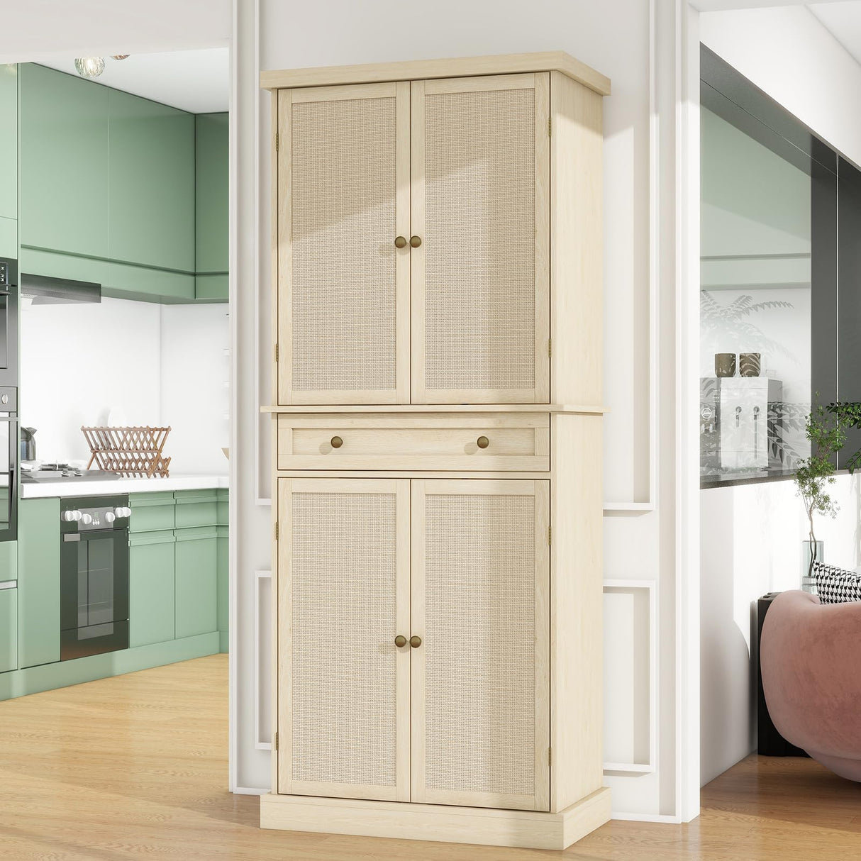 UZUGUL Kitchen Pantry Cabinet with Adjustable Shelf,72'' Tall Rattan Pantry Storage Cabinet with 4 Door and Drawer, Bedroom Wardrobe, Tall Storage Cabinet for Living Room UZUGUL