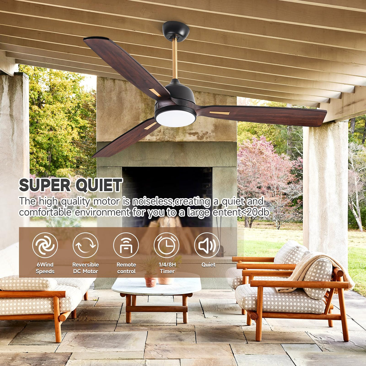 AUNLPB 60 inch Farmhouse Rustic Ceiling Fans with Lights, Solid Wood Ceiling Fan, Outdoor Ceiling Fans for Patios Waterproof, DC Reversible Motor High CFM Large Ceiling Fan for Exterior, Front Porch AUNLPB