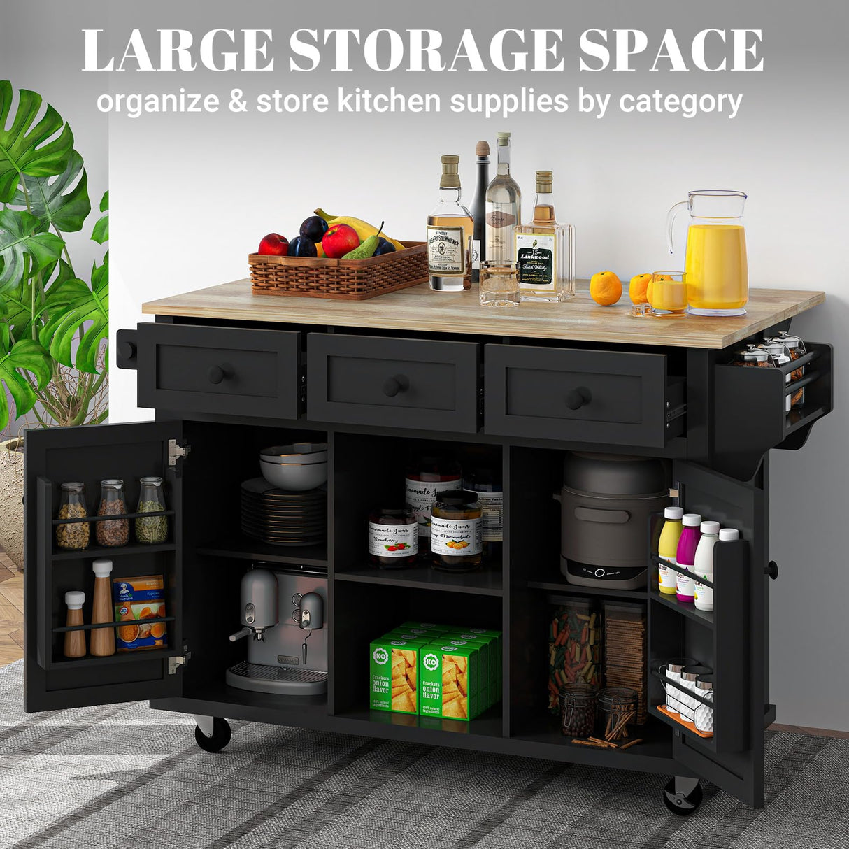 Rovibek 53in Mobile Kitchen Island with Drop Leaf, Storage Drawers, and Spice Rack in Jet Black Rovibek