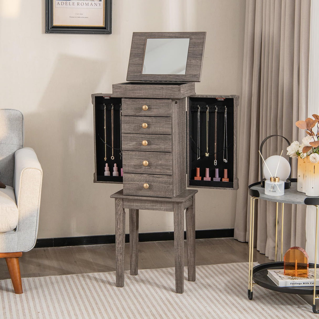 Giantex Jewelry Cabinet Armoire with 5 Drawers, 2 Side Doors with 8 Necklace Hooks, Top Flip Mirror, 4-Compartments Organizer, Standing Wood Jewelry Storage Chest, Antique, Washed Gray Giantex