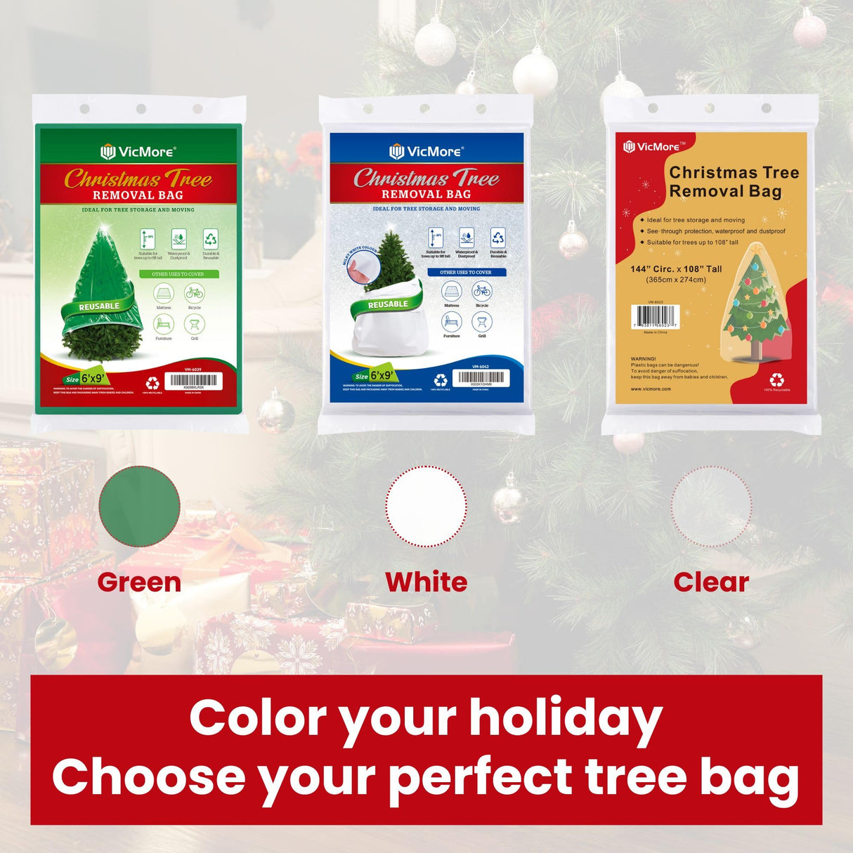 VicMore Christmas Tree Disposal & Removal Bag (9x6 ft) – Heavy-Duty, Tear-Resistant, Odorless PE Cover for Real or Artificial Xmas Trees – Extra Large, Dustproof & Multi-Use, Green VICMORE