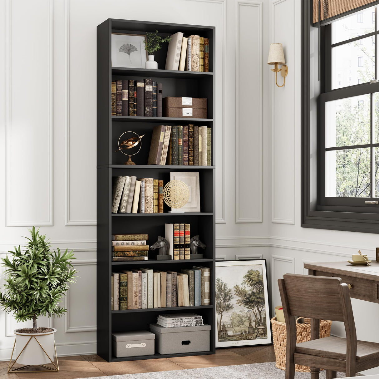 FACBOTALL 82" Tall Bookshelf, 7-Tier Open Shelves Bookcase, Freestanding Display Storage Shelves, Tall Bookcase Home Decor Furniture for Home Office, Living Room, Bedroom, Black FACBOTALL