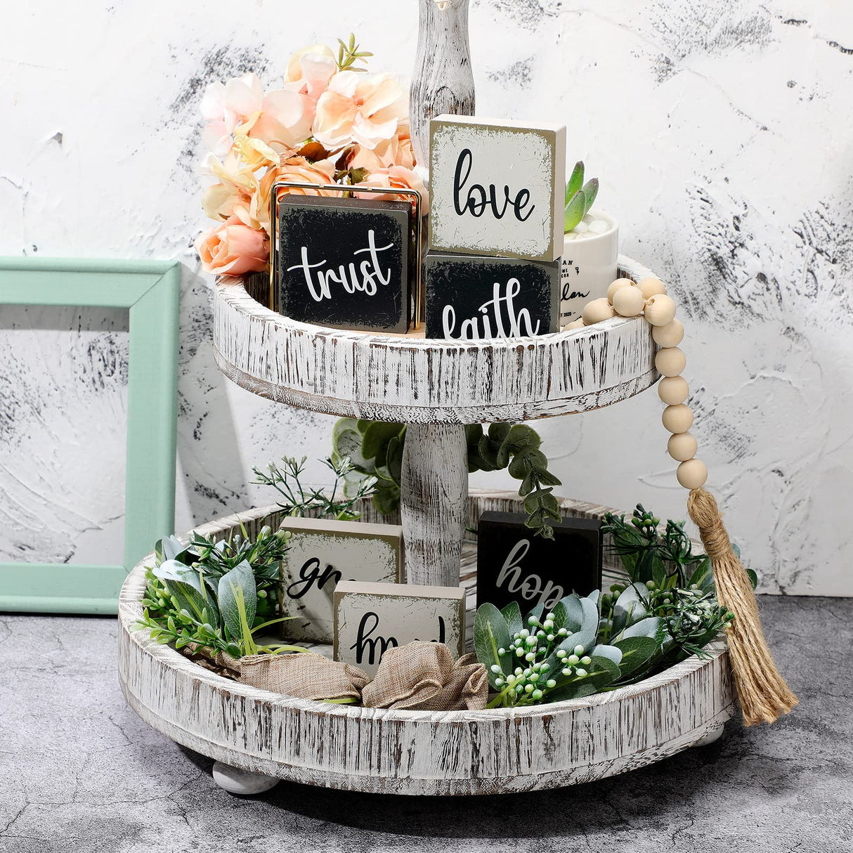 Qunclay 6 Pieces Farmhouse Tiered Tray Decor Inspirational Rustic Wood Sign Faith Love Hope Wooden Table Decorations Art Print Wooden Block Signs for Office Home Tabletop Bookshelf, 2.5 x 2.5 Inch Qunclay