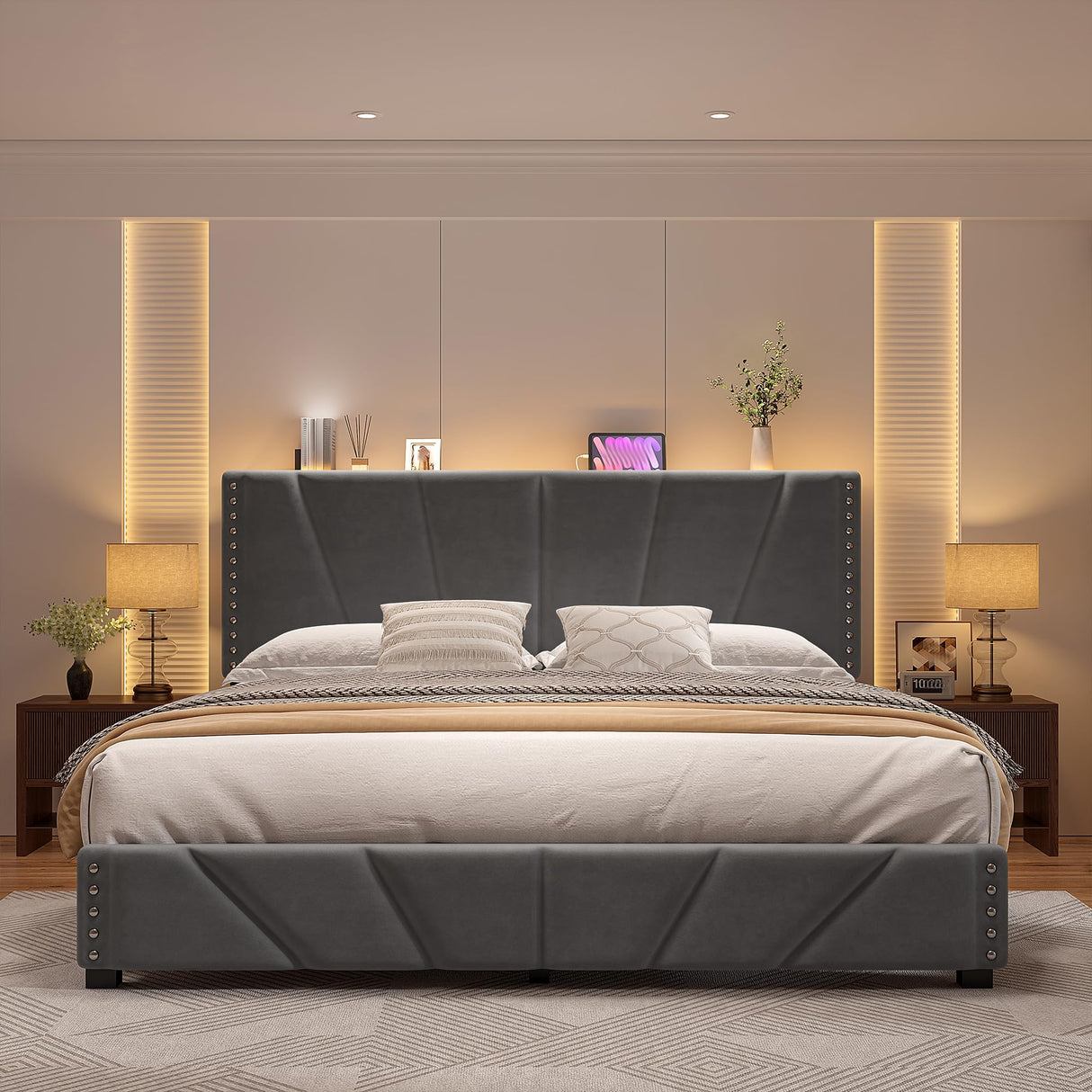 EnHomee King Size Bed Frame with Velvet Headboard and LED Lights, Storage Headboard Platform Bed with Charging Station, Sturdy Wooden Slats Support,Noise-Free,Easy Assembly, Dark Gray EnHomee