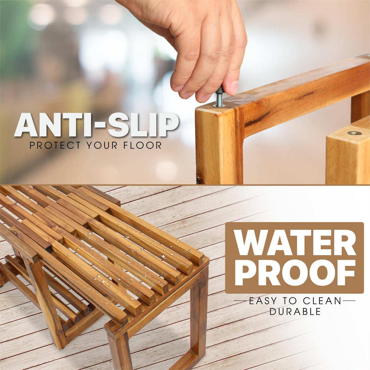 SENSUNIQ Acacia Adjustable Length Shower Stool, 29.5 in Transfer Bench with Storage Shelf, Inside Shower Stool for Shaving Legs, Bath Seat in Bathroom, Inside Shower for Adults Seniors Elderly SENSUNIQ