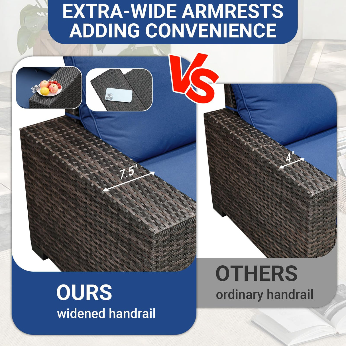 Jing's Villa 5-Piece Patio Furniture Set, All-Weather Outdoor Wicker Sectional Sofa with Cushions, Tempered Glass Table & Ottoman,Rattan Conversation Seating for Porch, Garden, Backyard,Navy Jing's Villa