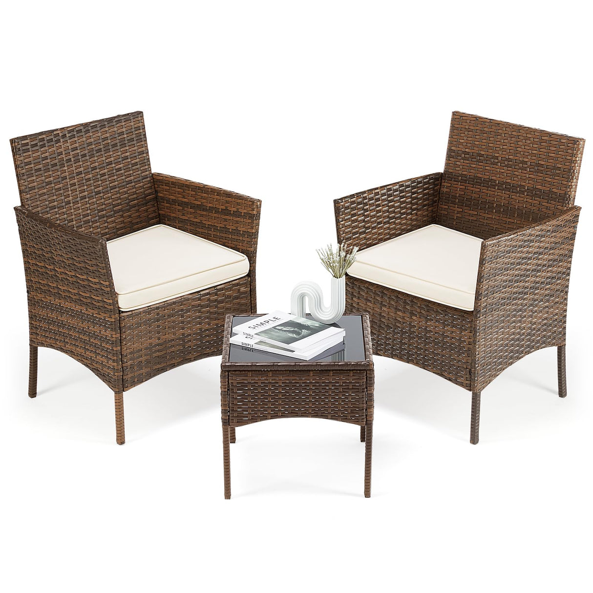Sweetcrispy Patio Furniture Set 3 Pieces, Outdoor Furniture with Soft Cushion and Glass Table, All Weather Manual Weaving Wicker Rattan Patio Chairs for Garden, Terrace, Porch, Lawn (Brown and Beige) Sweetcrispy