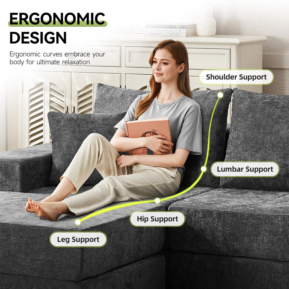 79" Boneless Cloud Loveseat Sofa Couch, Modular Foldable Floor Sofa with Ottoman, Chenille Lounge Convertible Sofa Bed for Living Room, No Assembly, Dark Grey Hatppto