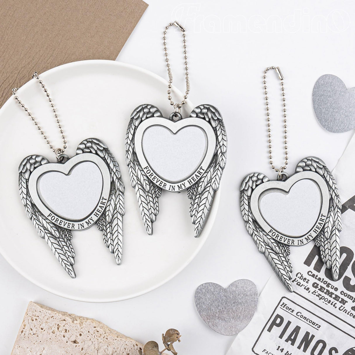 Framendino, 4 Pack Silver Angel Wing Pendant Love Heart Personalized Car Hanging Ornament with Sublimation Blank Heat Transfer Photo for Home Window Framendino