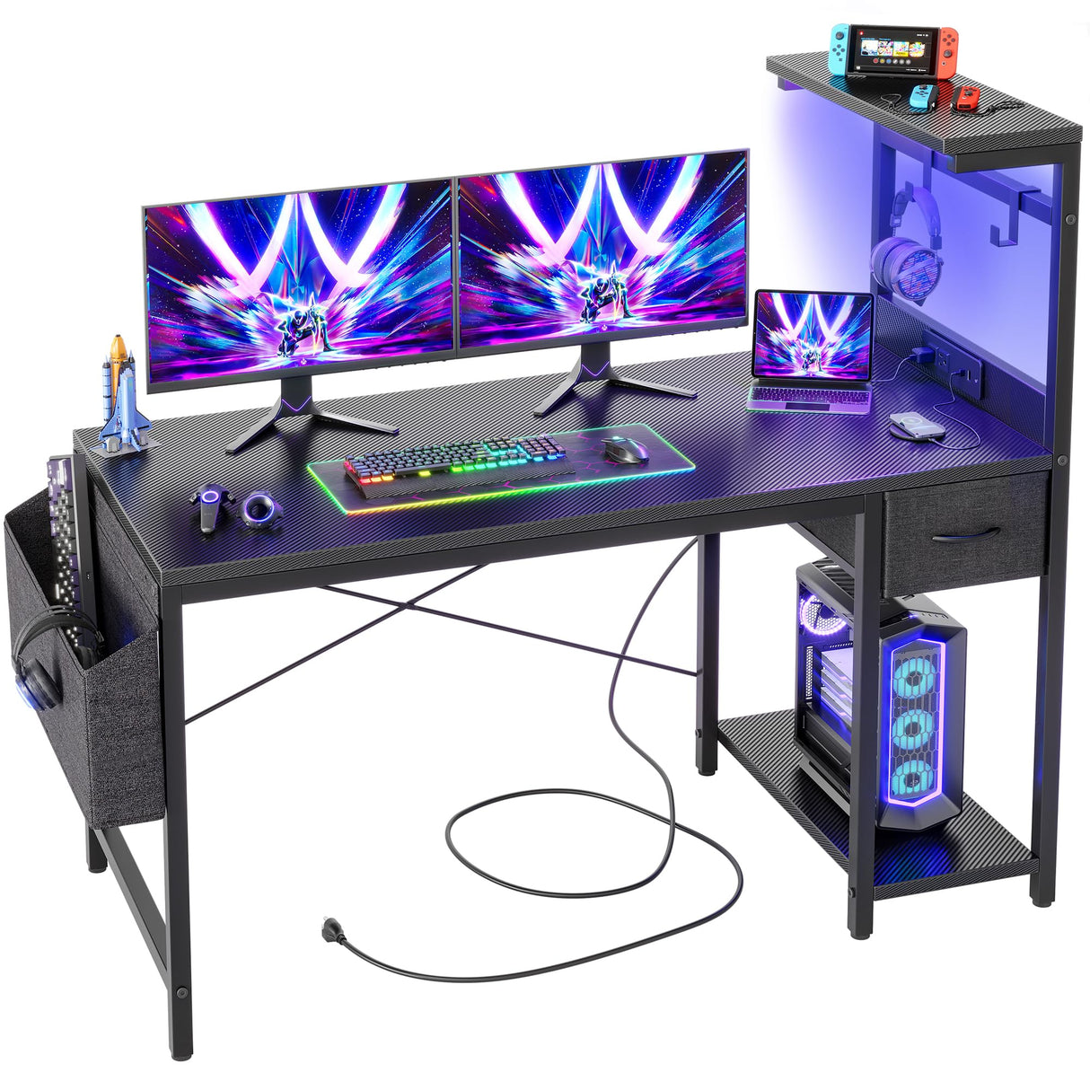 TIQLAB Gaming Desk 47 inch with Power Outlet and LED Light, Computer Desk with Reversible Shelves and Storage Drawer, Small PC Desk for Home Office Table with Bag, Carbon Fiber Black TIQLAB