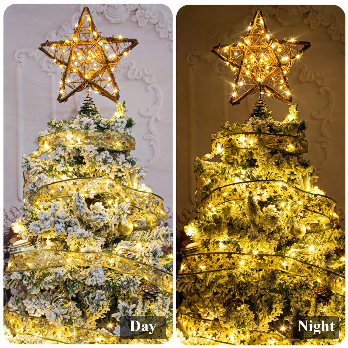 Rattan Natural Star Christmas Tree Topper - Rustic Farmhouse Xmas Treetop with 50 Warm LED Lights for Indoor Christmas Tree Decorations Holiday Seasonal Decor DDcafor