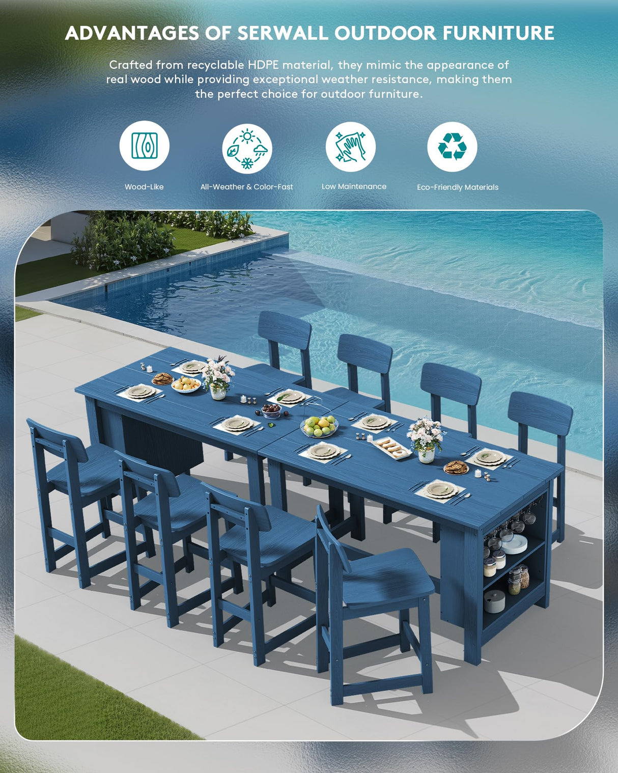 SERWALL Outdoor Bar Table, All Weather HDPE 36" Counter Height Dining Table with Storage and Wine Rack for Patio, Garden, Backyard, Balcony, Poolside, Blue SERWALL