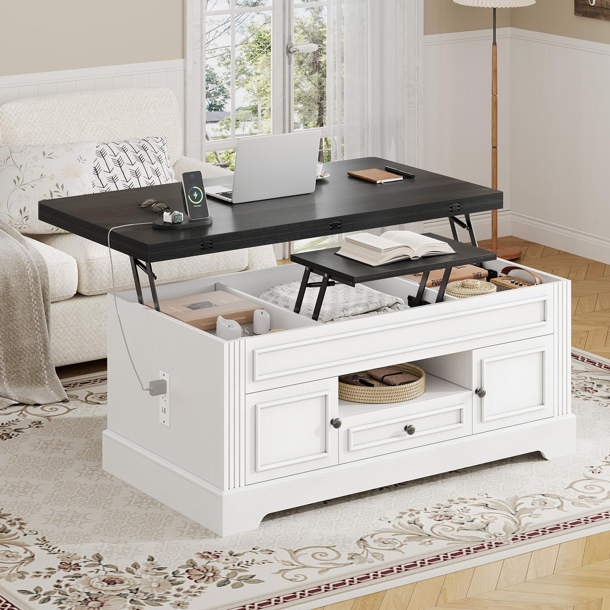 Itaar Farmhouse Lift Top Coffee Table with Power Outlets, Multi-Function Coffee Tables with Storage and Hidden Compartment,Converts to Dining Table for Living Room, Home Office, Black Top Itaar