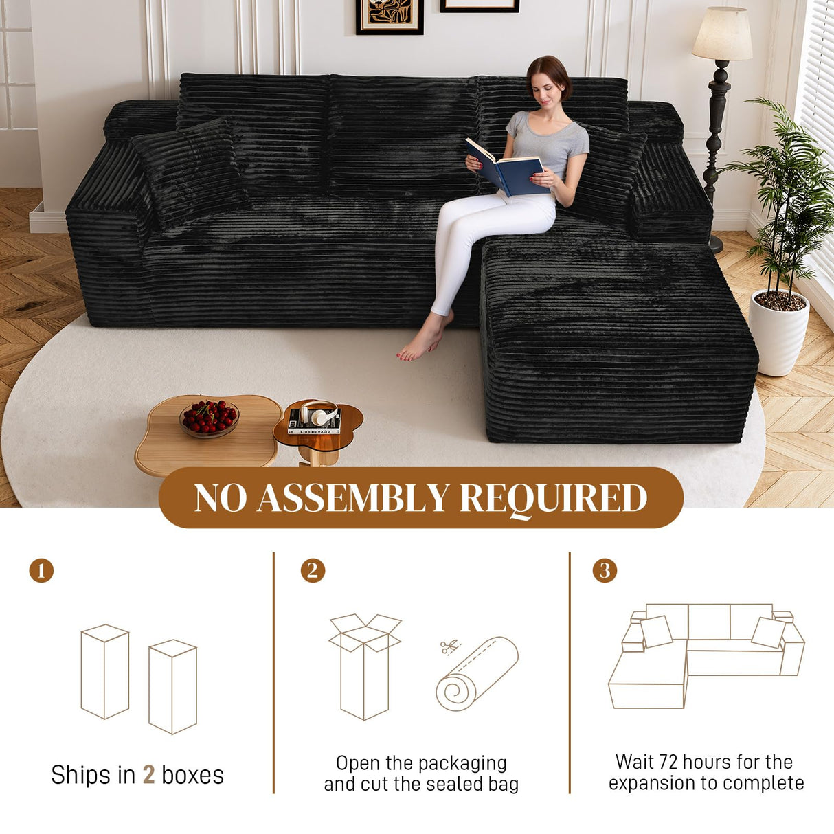 Repantes 108" L Shaped Boneless Sectional Couches for Living Room, Comfy Corduroy Floor Cloud Sofa with Chaise, Wide Armrest, Deep Seat, Memory Foam, Assembly Free, Ideal for Small Spaces, Black Repantes