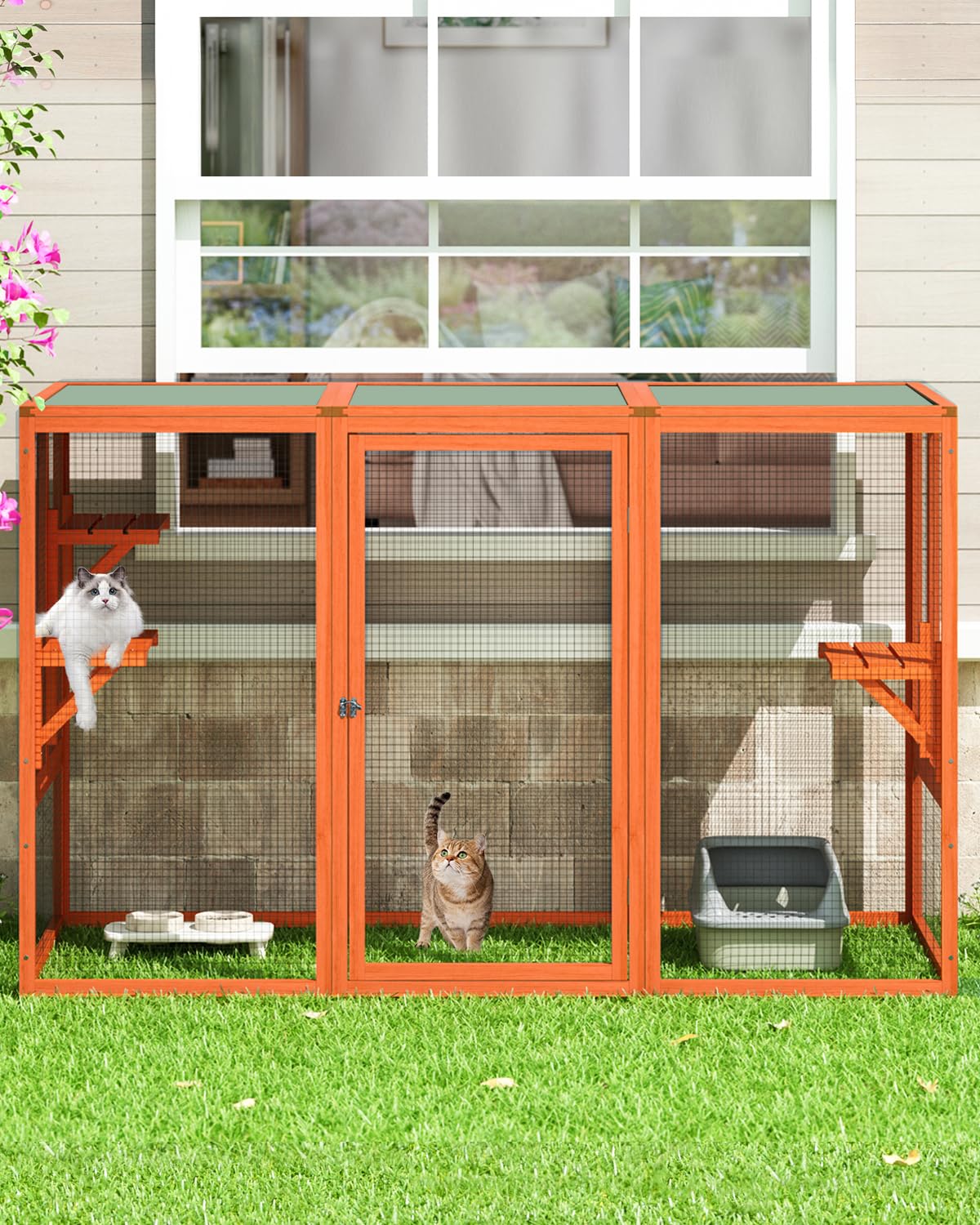 Catio Outdoor Cat Enclosure,71" L Outside Cat House Weatherproof, Wooden Catios for Cats Patio, Cat Houses with 3 Platforms (Orange-Red, Large) Nyeekoy