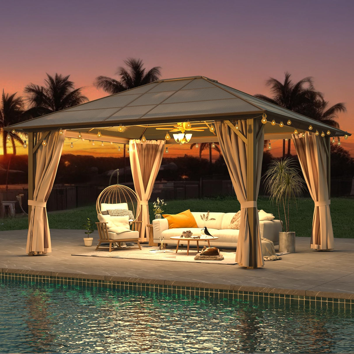 YOLENY 12'x14' Hardtop Gazebo, Outdoor Polycarbonate Roof Canopy, Aluminum Frame Permanent Pavilion with Curtains and Netting, Sunshade for Garden, Patio, Lawns YOLENY