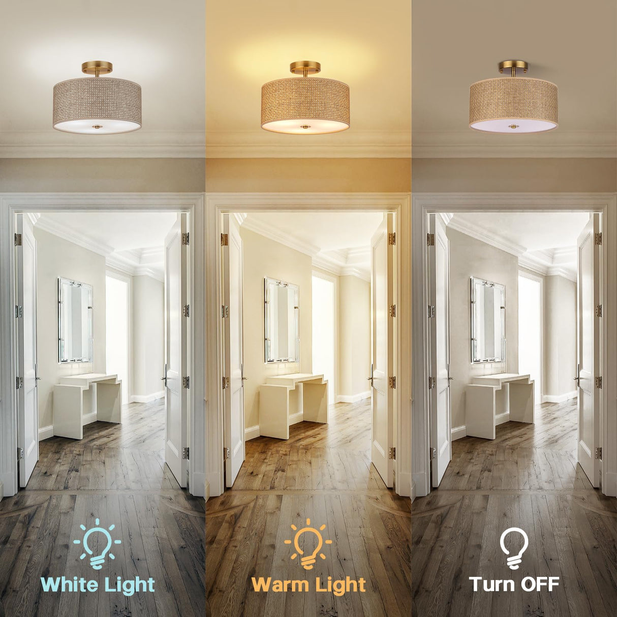 CLARSYNE 13" Woven Rattan Boho Ceiling Light Fixture, 3-Light Modern Semi Flush Mount Lamp with Drum Fabric Shade, Rustic Brown Lighting for Bedroom, Dining Room, Living Room, Hallway, Entryway CLARSYNE