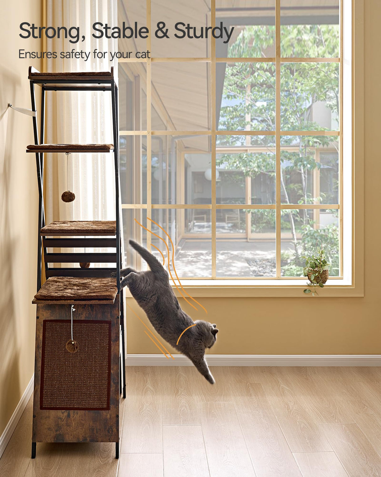 FourFurPets 72.4" Modern Cat Tower for Indoor Cats - Multi-Level Condo With Caves, Tall Tree With Scratching Board, Wooden Tower With Large Perch, Removable Pads, Rustic Brown FourFurPets