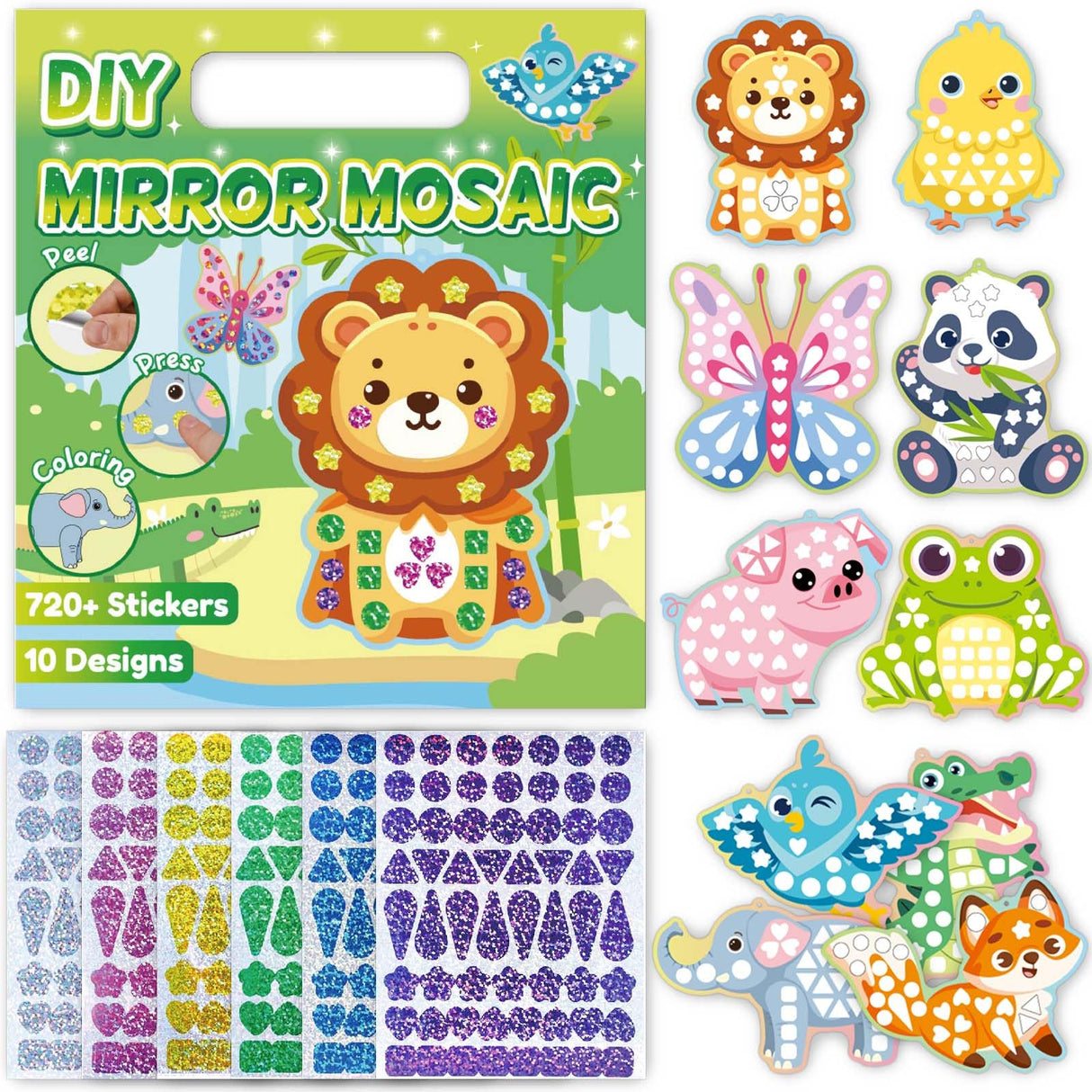 iGetooy 10 Sets DIY Mosaic Stickers for Kids, Animal Art Craft Kit with 720+ Stickers, Travel Toys for Kids, Birthday Gifts for Girls and Boys 3-8 Year Olds iGetooy
