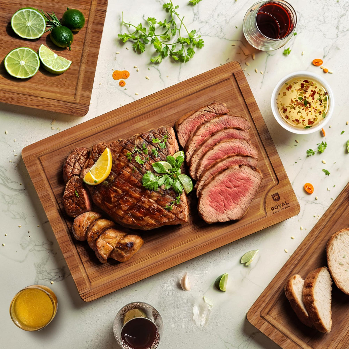 ROYAL CRAFT WOOD Wooden Cutting Boards for Kitchen Meal Prep & Serving - Bamboo Wood Serving Board Set with Deep Juice Groove Side Handles - Charcuterie & Chopping Butcher Block for Meat (3 Pcs) ROYAL CRAFT WOOD