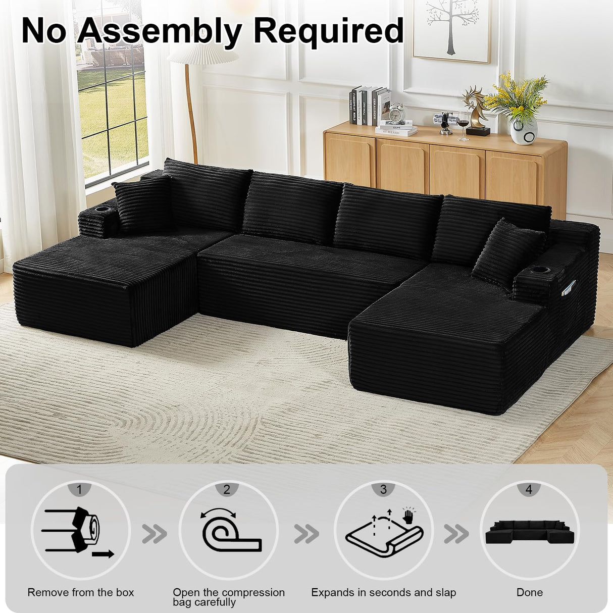 134 Inch U-Shaped Sectional Couch, Oversized Modular Corduroy Sofa with Double Chasies, 4-Seater Modern Deep Seat Boneless Cloud Couch for Living Room, No Assembly Required, Black GUANGHONG