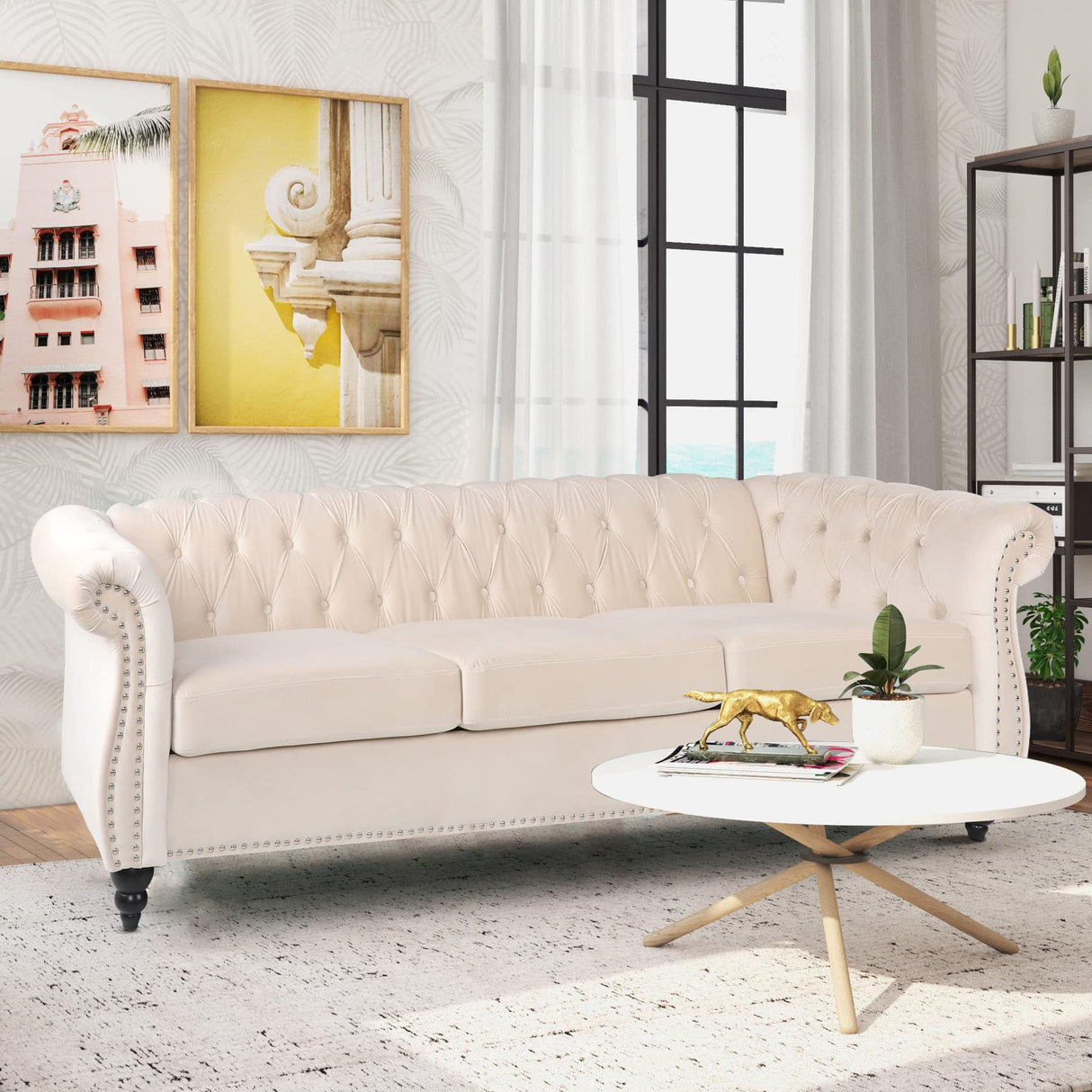 PHOYAL Large Velvet Sofa Three-seat Sofa Classic Tufted Chesterfield Settee Sofa Modern 3 Seater Couch Furniture Tufted Back for Living Room (Beige) PHOYAL