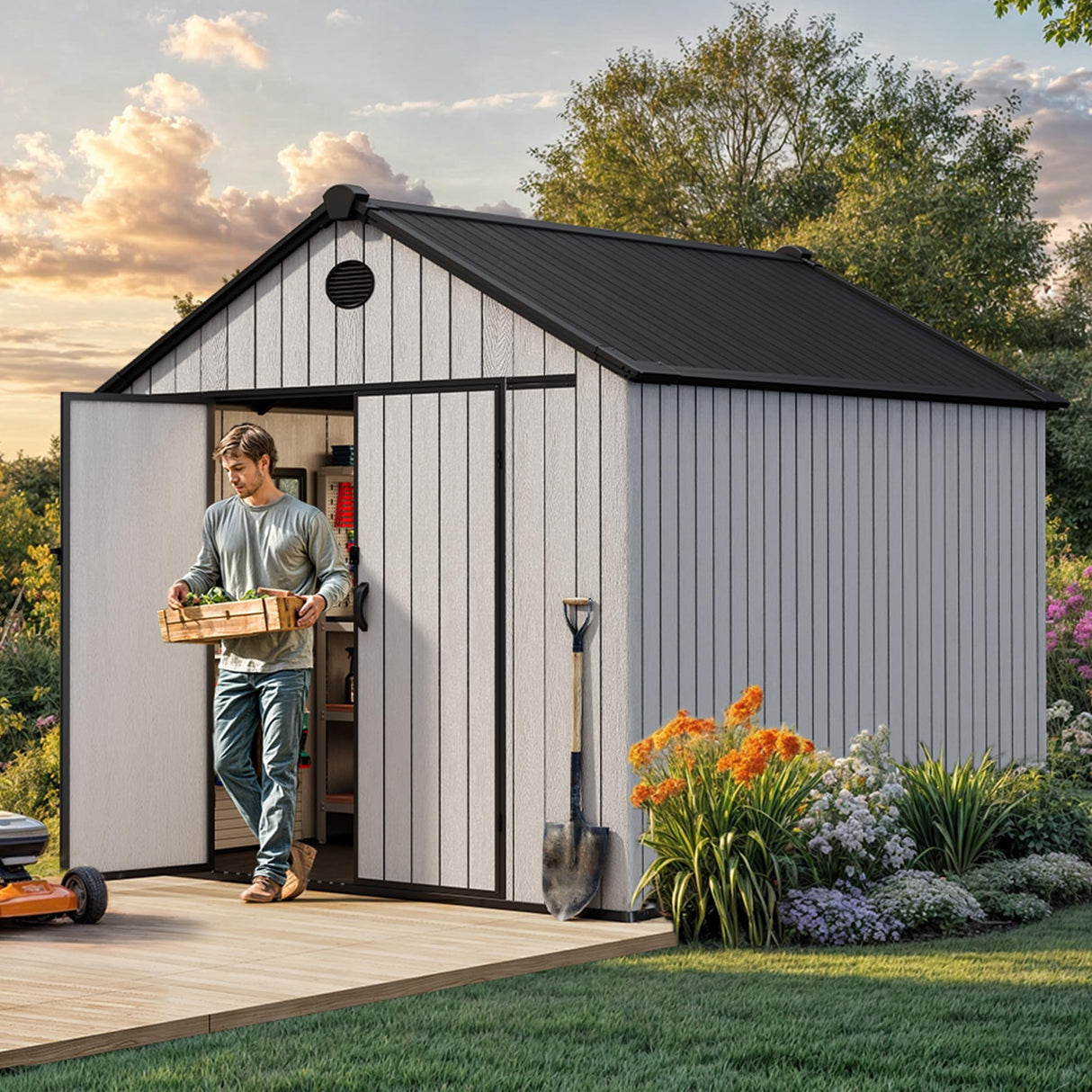 YITAHOME 8x10 FT Outdoor Storage Shed with Floor, Plastic Garden Shed for Bikes, Tools, Supplies, Waterproof Resin Shed with Lockable Doors, 2 Windows & 2 Vents for Patio, Backyard, 556 cu. Ft., Gray YITAHOME