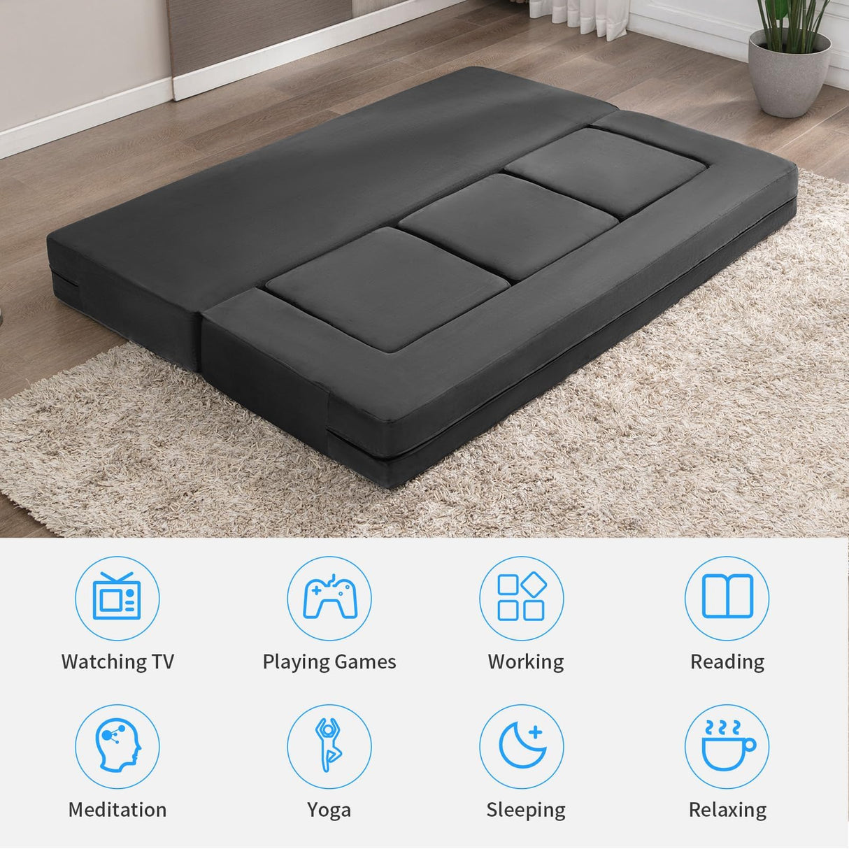 PUREMIND 10 Inch Folding Sofa Bed, Velvet Convertible Floor Sleeper Sofa with 3 Ottomans, Upholstered 2-in-1 Fold Out Couch Bed Queen Size Guest Bed Foldable Mattress for Living Room, Office PUREMIND