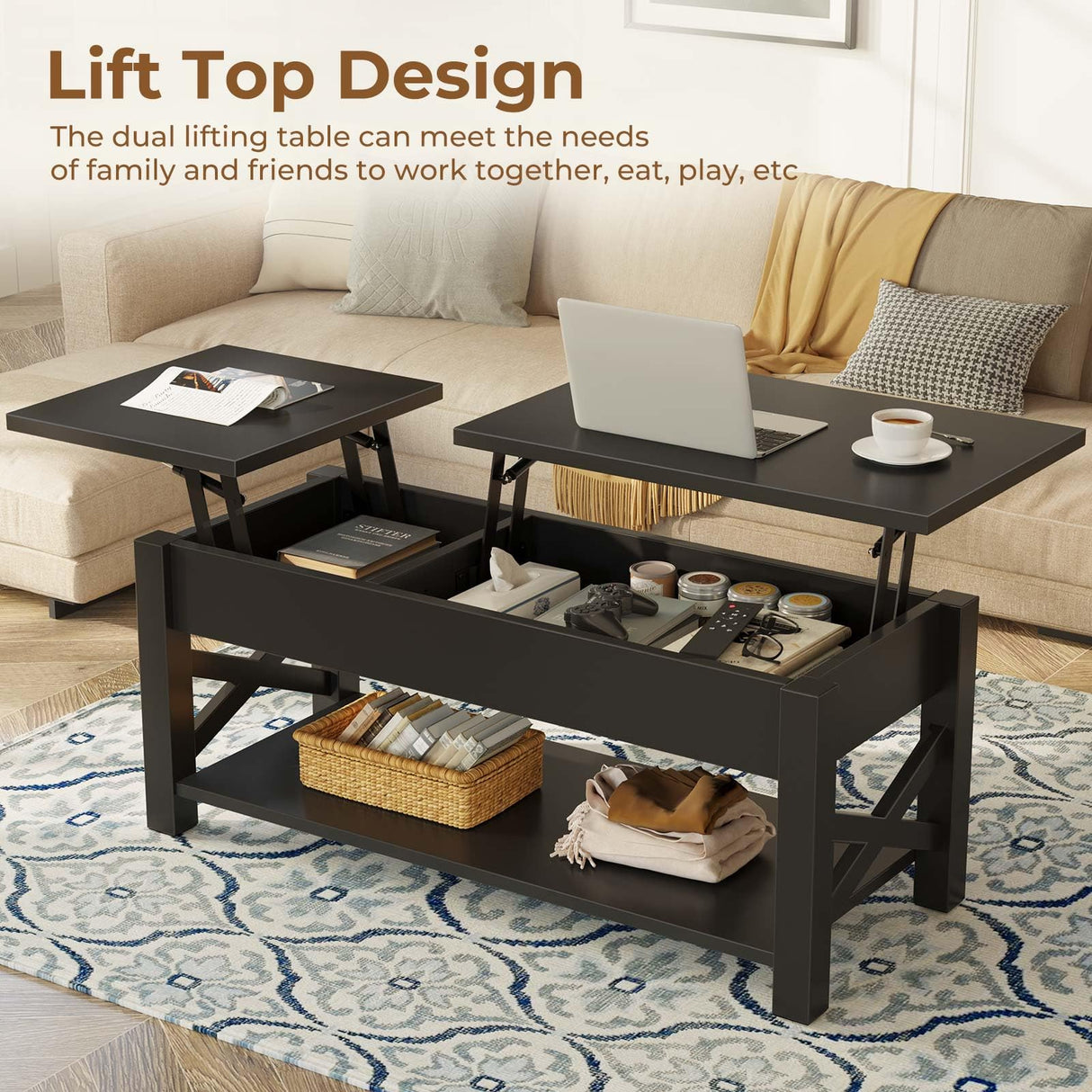 Rolanstar Coffee Table 47.2", 2 Way Lift Top Farmhouse Center Table with Hidden Compartment, Open Shelf & X Wooden Support for Living Room, Black Rolanstar