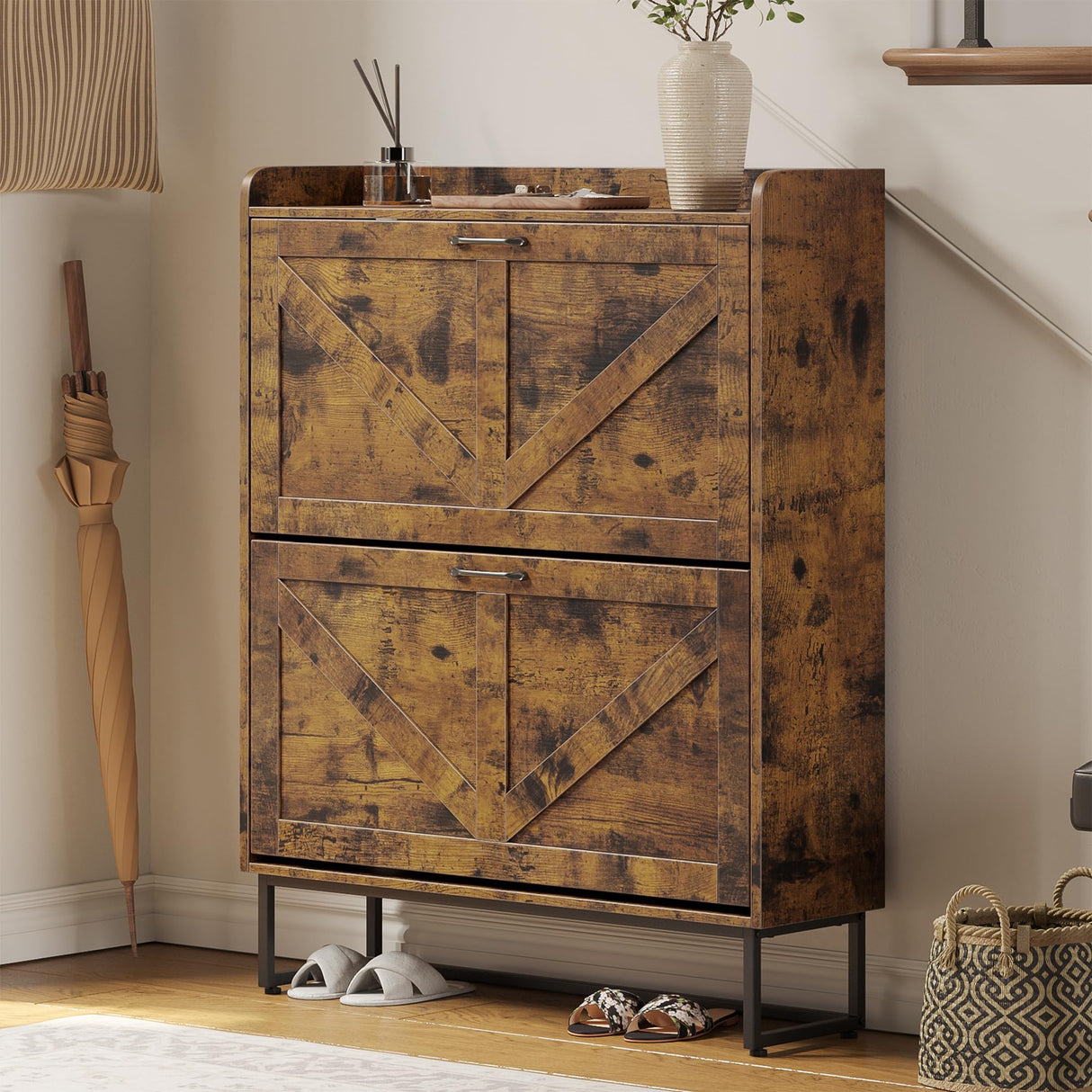 Dowinx Shoe Cabinet Storage with 2 Flip Drawers, Freestanding Shoe Organier Cabinet with Metal Legs, Farmhouse Narrow Shoe Stroage Cabinet Hidden for Entryway Hallway, Rustic Brown Dowinx