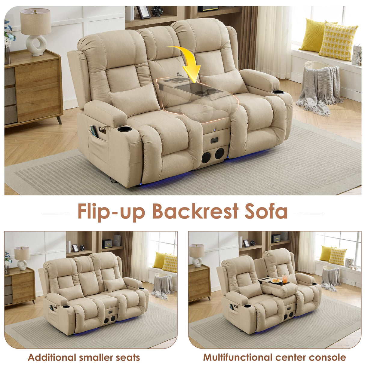 TUNYI Wall Hugger Power Loveseat Recliner - Reclining Loveseat with Console Theater Seating RV Recliner Sofa with USB/Outlet/Speaker/Cup Holder/LED Light/Storage (Beige) TUNYI