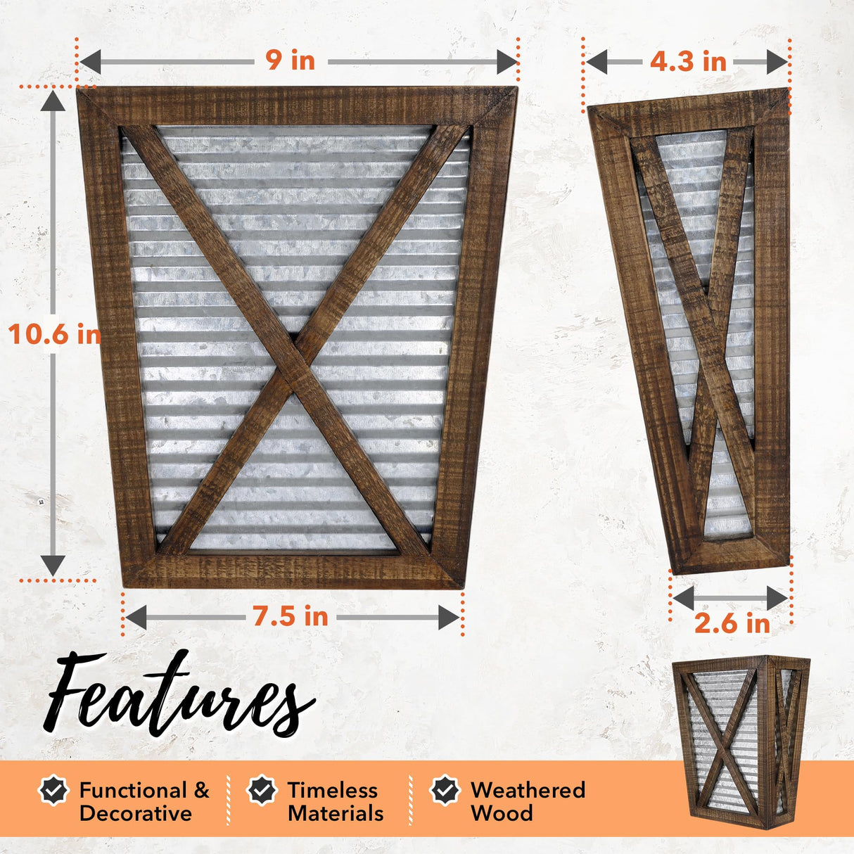 Autumn Alley Large Rustic Farmhouse Wall Planter Set of 2, Farmhouse Decor Wall Hangings for Hanging Planter Indoor, Galvanized Wall Planter, Corrugated Metal, Wooden, Brown - Flowers Not Included Autumn Alley