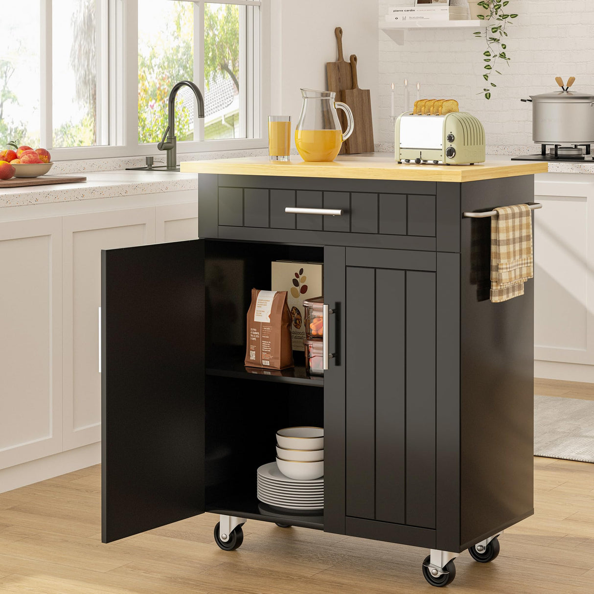 SUNLEI Kitchen Island on Wheels with Storage Cabinet & Drawer, 26" Width Rolling Kitchen Table, Cart Handle for Towel Rack or Free Mobility, Portable Islands for Kitchen, Dining Room(Black) SUNLEI