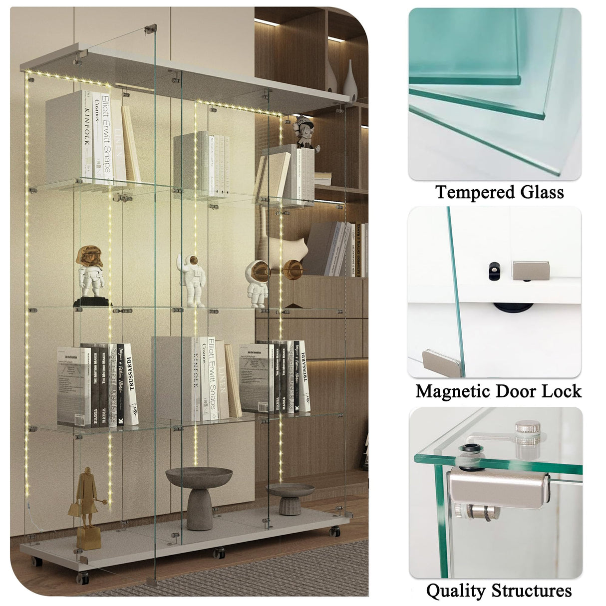 lunhung 3 Column 2 Doors Glass Display Cabinet with LED Lights & Wheels, 4-Shelf Removable Curio Cabinet w/ Lock & Glass Shelves, 65"H Floor Standing Bookshelf Storage Showcase for Living room (White) lunhung