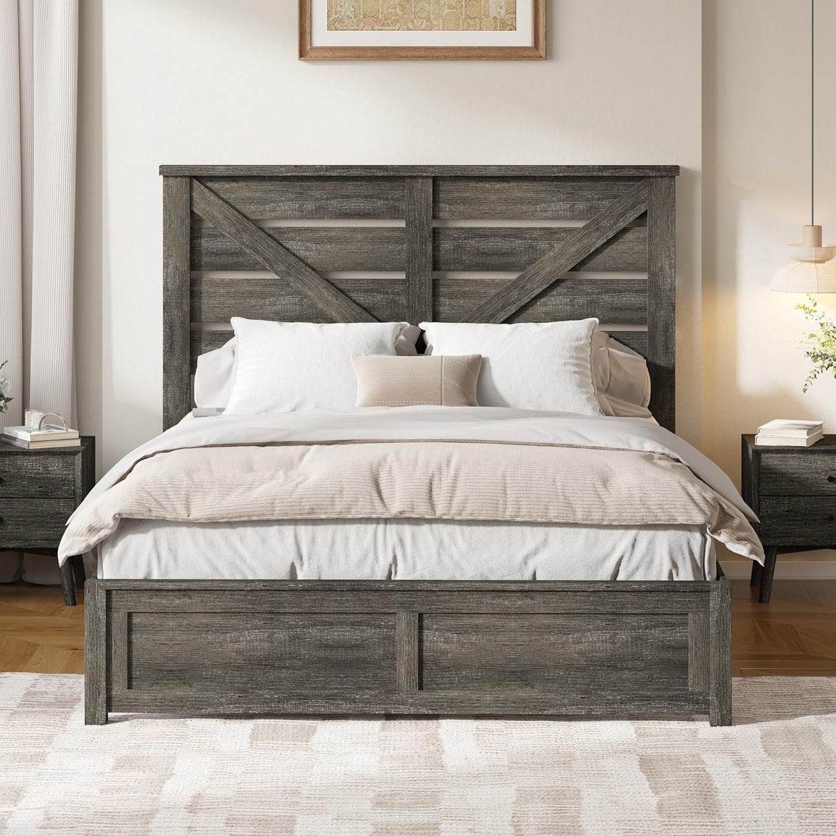 LUXOAK Full Size Farmhouse Wooden Bed Frame, Platform Bed Frame with 49.2" Headboard/No Box Spring Needed/Noisy Free/Easy Assembly/Grey LUXOAK
