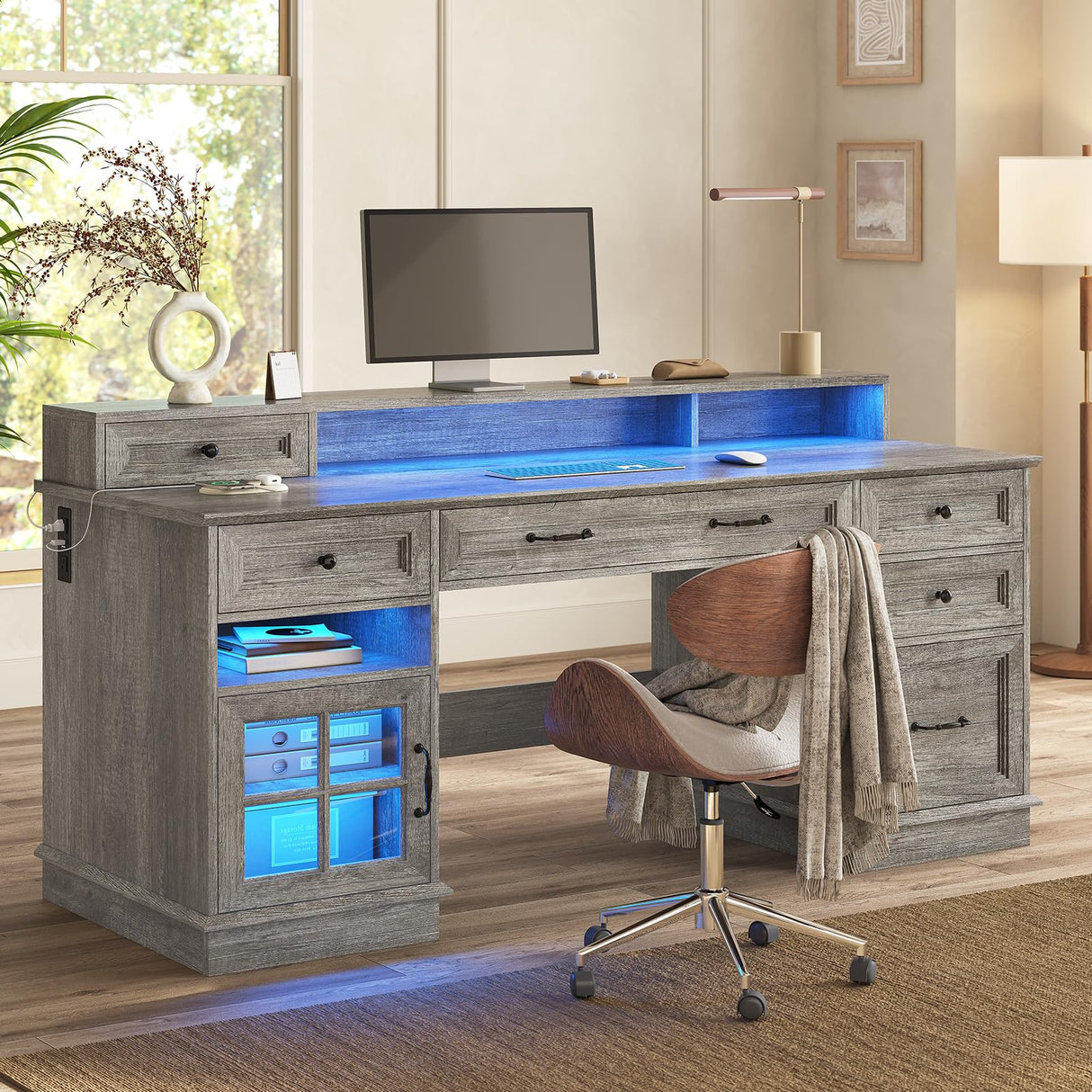HAUOMS Farmhouse Executive Desk with Drawers Computer Desk with File Drawers, Power Outlet and Led Lights, Executive Office Desk with Storage Cabinet and Monitor Shelf for Home Office, Grey HAUOMS