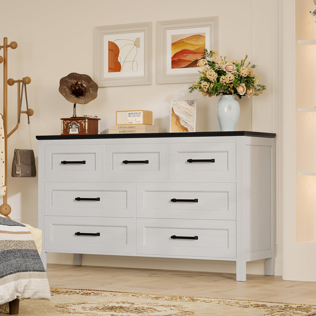 YESHOMY Dresser for Bedroom, Modern 7 Drawer Dresser, Closet Storage Organizer Chest of Drawers for Hallway, Closet, Black & White