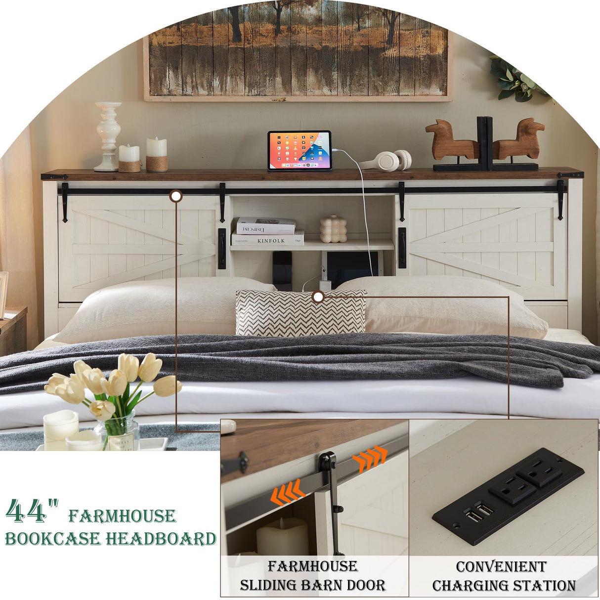 RedLemon Farmhouse Queen Size Bed Frame with Bookcase Headboard, Sliding Barn Door, Storage Cabinet, Charging Station, Wood Slats Support, No Box Spring Needed, Antique White RedLemon