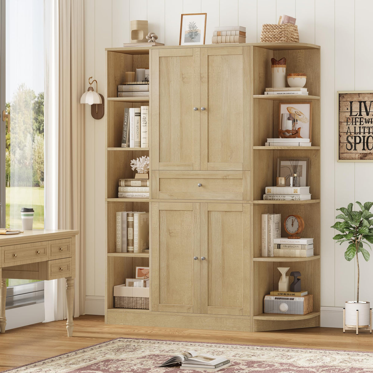 FACBOTALL 71" Tall Pantry Cabinet with Storage, 47'' Wide Freestanding Kitchen Cabinet with Doors & Shelves, Buffet Sideboard with Drawer, Cupboard for Kitchen, Dining Room, Utility Room, Light Oak FACBOTALL