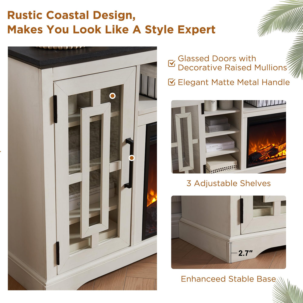 JXQTLINGMU Fireplace TV Stand with 36" Electric Fireplace for 80 Inch TV, Farmhouse 32" Tall Highboy Entertainment Center w/6 Shelves, Modern Media Console w/Storage for Living Room, Distressed White JXQTLINGMU