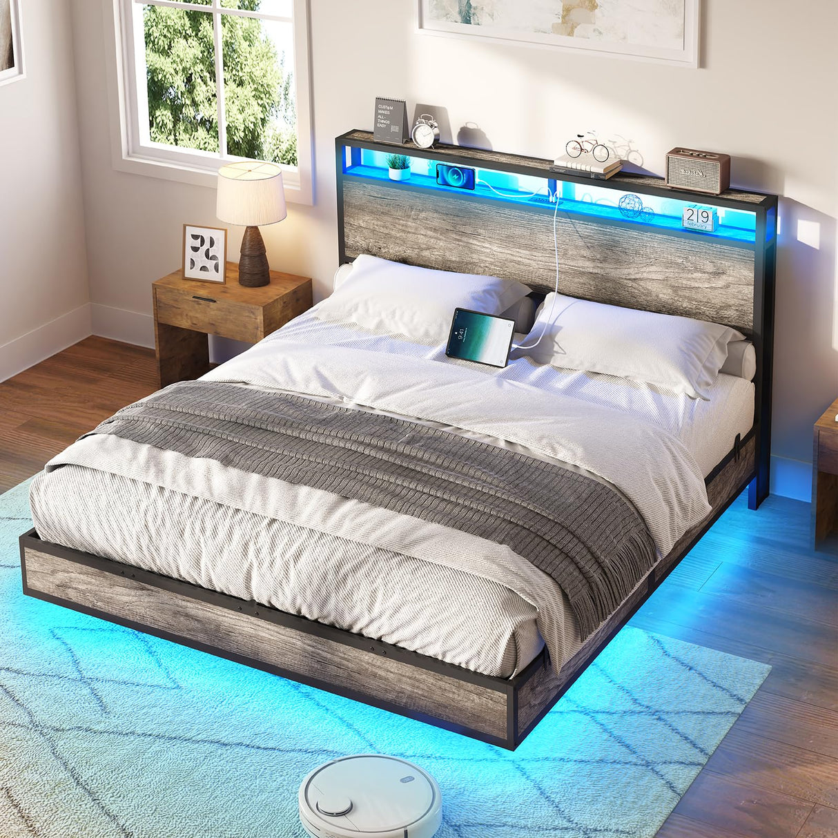Full Size Floating Bed Frame with LED Headboard, Storage & Charging Station in Rustic Grey AMERLIFE
