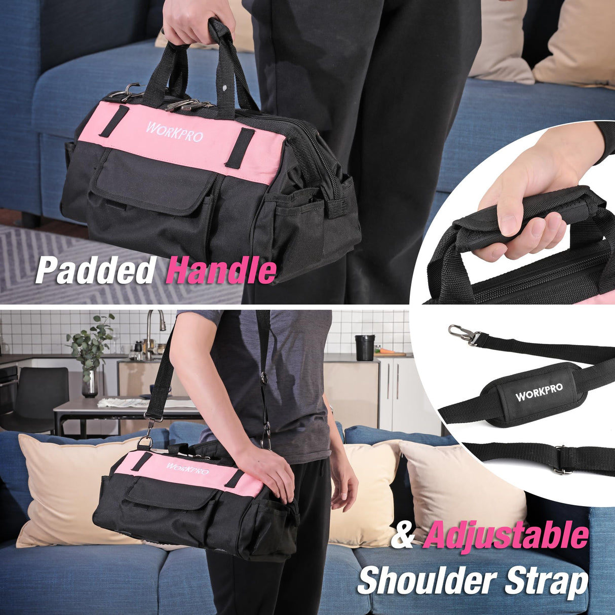 WORKPRO Pink Drill Set with UPGRADED Tool Bag, 157PCS Tool Kit For Home with 20V Cordless Drill Driver, Household Pink Tool Set including Screwdriver, Hammer, Tool Kit for Women and Men-Pink Ribbon WORKPRO