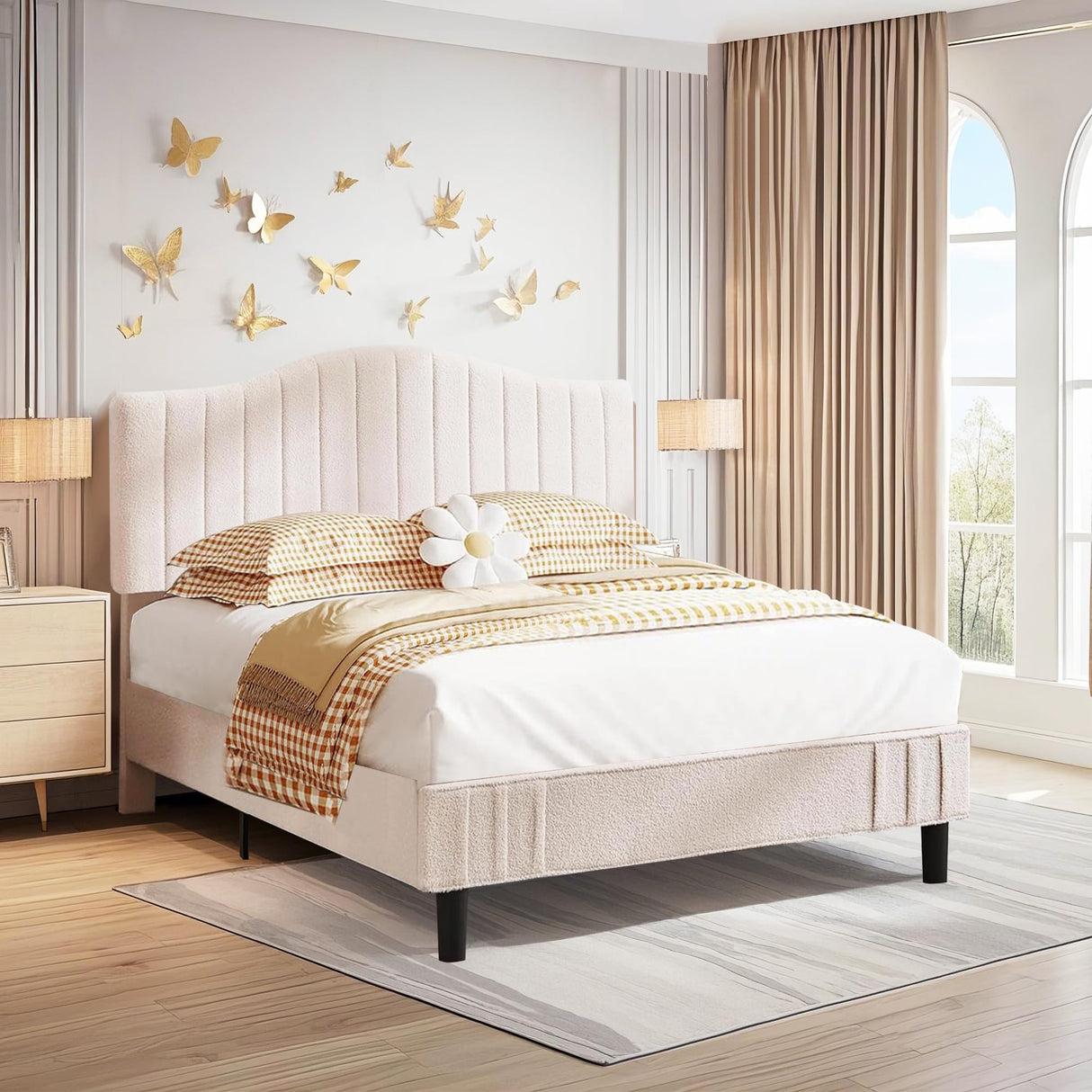 VECELO Full Size Upholstered Platform Bed Frame with Adjustable Teddy Fabric Headboard, Strong Wood Slats, 7.9" Under-Bed Storage, Noise-Free, No Box Spring Needed - Beige VECELO