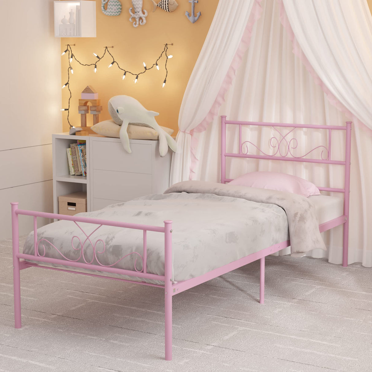 Weehom Metal Platform Bed Frame with Headboard and Footboard Under Storage 12.7Inch Twin Size Beds Mattress Foundation Pink Weehom