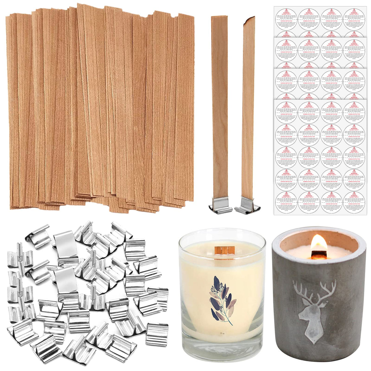 ZYNERY 100 Set Wood Wicks for Candles Making, Crackling Wooden Candle Wicks, Smokeless Candle Wick with Metal Base Labels (5.9x0.5 Inch) ZYNERY